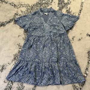 Studio One Dress Womens Size L Blue White Floral Print Tiered Knee Length V Neck